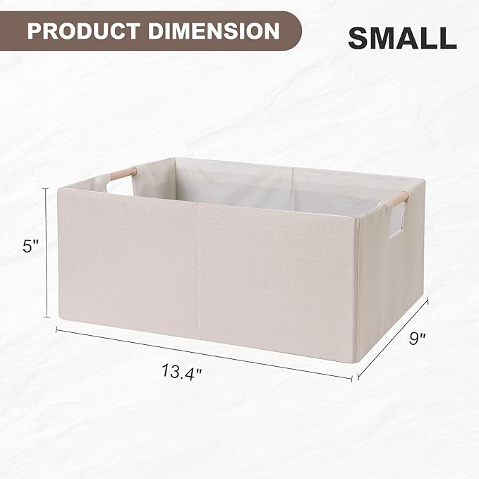 ANMINY 6PCS Storage Baskets for Organizing Collapsible Fabric Storage Bins Boxes with Wood Handles Closet Shelves Cube Organizer Bins Clothes Laundry Storage Container - Small, Beige