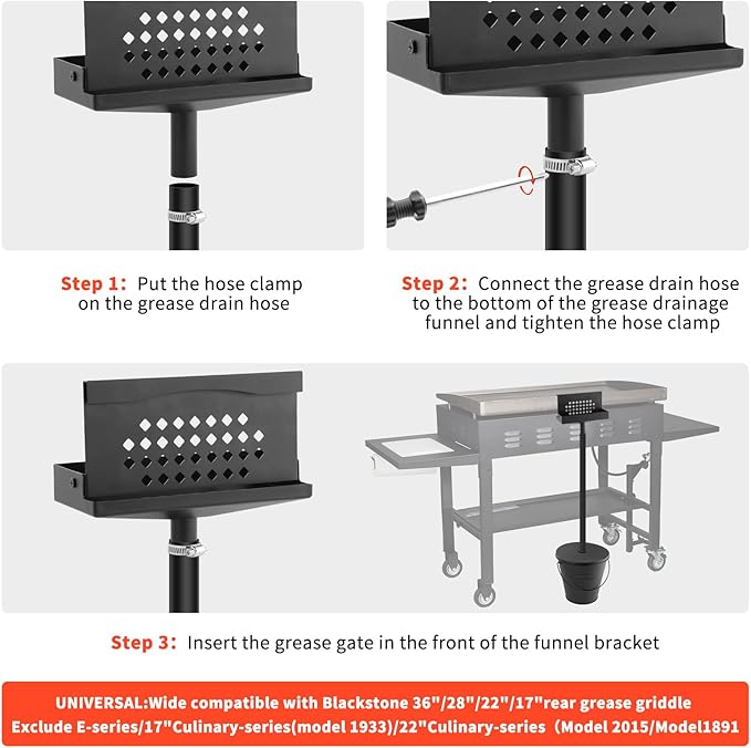 Rear Grease Drainage System for Blackstone, Grease Gate for Blackstone Grease Cup Upgraded Two mounting Options Blackstone Accessories Set with Grease Trap,Grease Bucket and a Silicone Bucket Liners