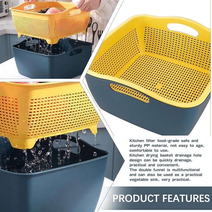 Double-layer Draining Basket Plastic Fruits & Vegetable Washing Basket for Kitchen (Blue)