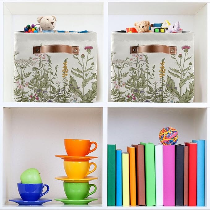 Herbs Storage Basket Bin for Shelves Closet Botanical Foldable Fabric Storage Box Cube with Handles Kids Gifts Toys Cloth Shelf Basket Organizer for Bedroom Nursery Home Decorative
