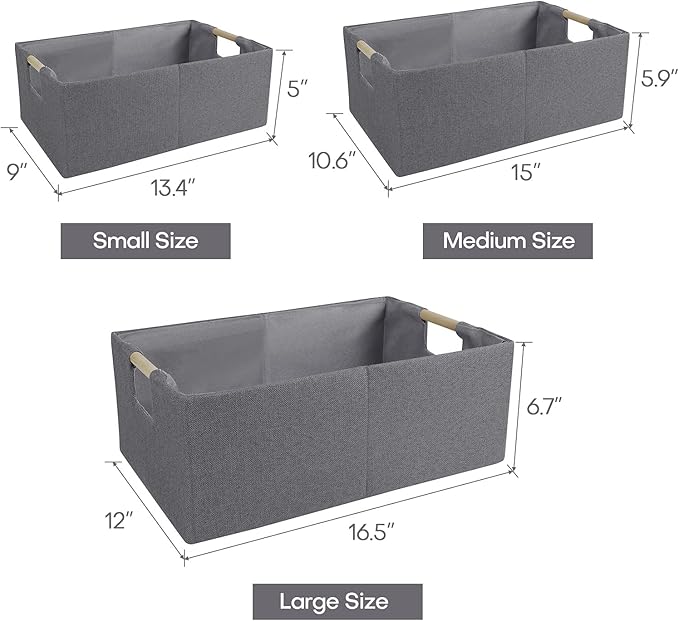 ANMINY 4PCS Storage Baskets for Organizing Collapsible Fabric Storage Bins Boxes with Wood Handles Closet Shelves Cube Organizer Bins Clothes Laundry Storage Container - Small, Gray