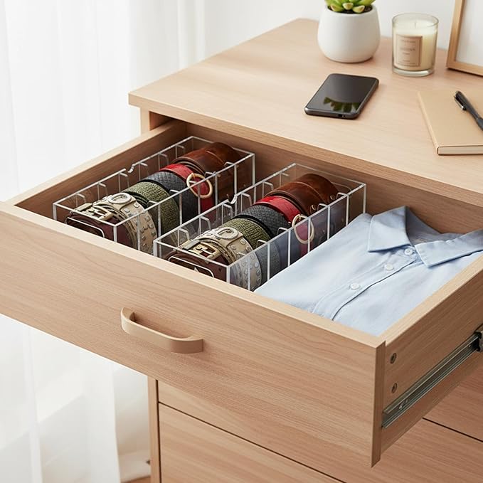 Acrylic Belt Organizer, Belt Organizer for Drawer with Lid and Handle Dustproof 7 Compartments 2 in 1 Beltbox Hangable Sock Storage Durable for Storing Ties in Wardrobes and Drawers