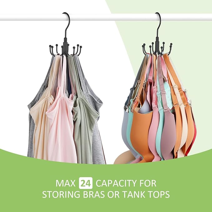 2 Pack Tank Top Hanger, Rotatable Bra Hanger for Closet, Max 24 Capacity Metal Tank Top Holder Storage Space Saving Sport Bra Organizer, Black