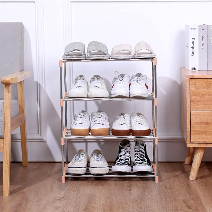 Stackable Small Shoe Rack, Entryway, Hallway and Closet Space Saving Storage and Organization (3-Tier, Pink)