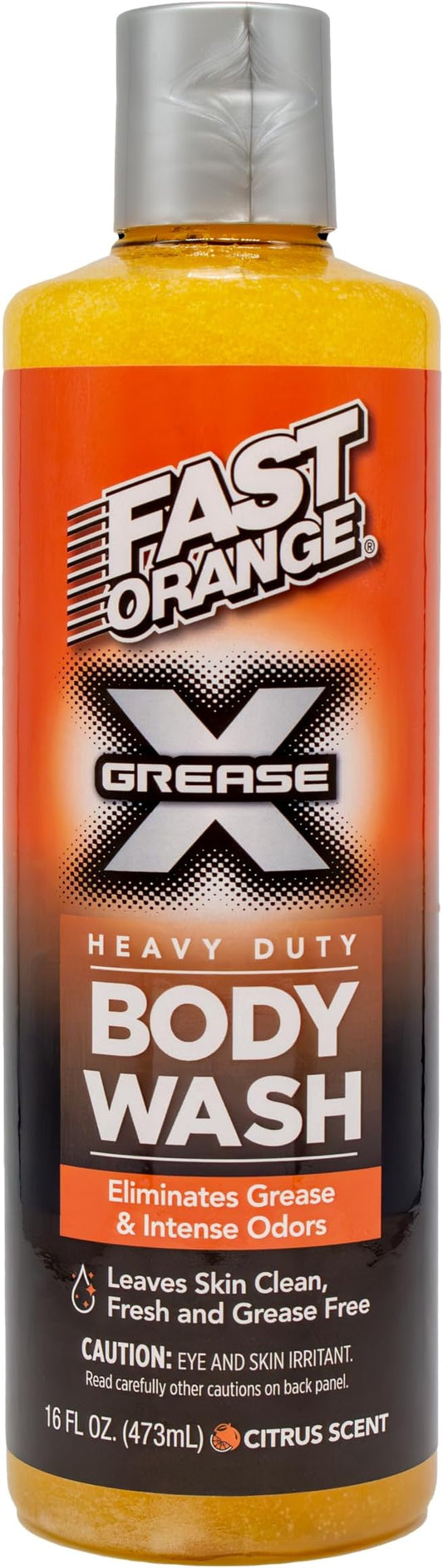 Fast Orange 25716 Grease X Body Wash, Exfoliating & Hydrating Heavy Duty Shower Gel for Men and Women, Mechanic & Industrial Body Soap Removes Grime, Oil, Automotive Odors & More, Citrus Scent 16 Oz.
