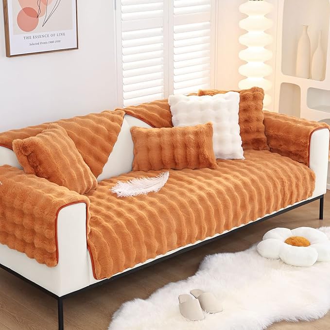 Soft Warm Faux Fur Couch Sofa Cover Thick Shaggy Fuzzy Sectional Couch Cover Non-Slip Solid Color Plush Sofa Slipcover Furniture Protector for Kids, Pets (Dark Orange,28"x82")