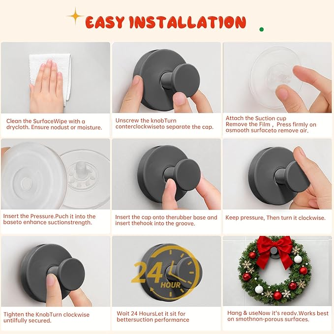 Suction Cup Hooks, Suction Cup Hooks for Shower,Removable Towel Hooks for Bathroom Window Glass Door Wall, Bath Robe Looafh Wreath Hook for Hanging (Dark Grey)