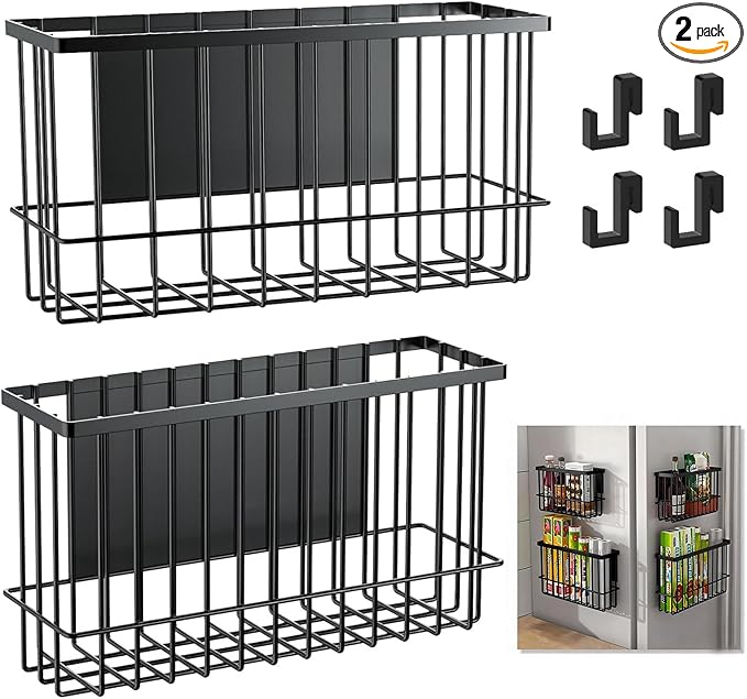 Magnetic Storage Shelf 2 Pack, Magnetic Dryer Balls Holder & Magnetic Spice Basket for Refrigerator, Multipurpose Fridge Organizer for Kitchen Laundry Room Organization