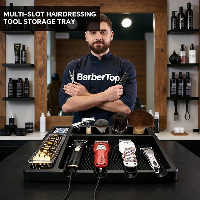 Large Barber Organizer Station, 16 x 12.5 Barber Tray for Clippers & Guards, Duster Brush, Salon Haircut Supplies, Barber Accessories Hair Tool Organizer for Salon & Barbershop and Home