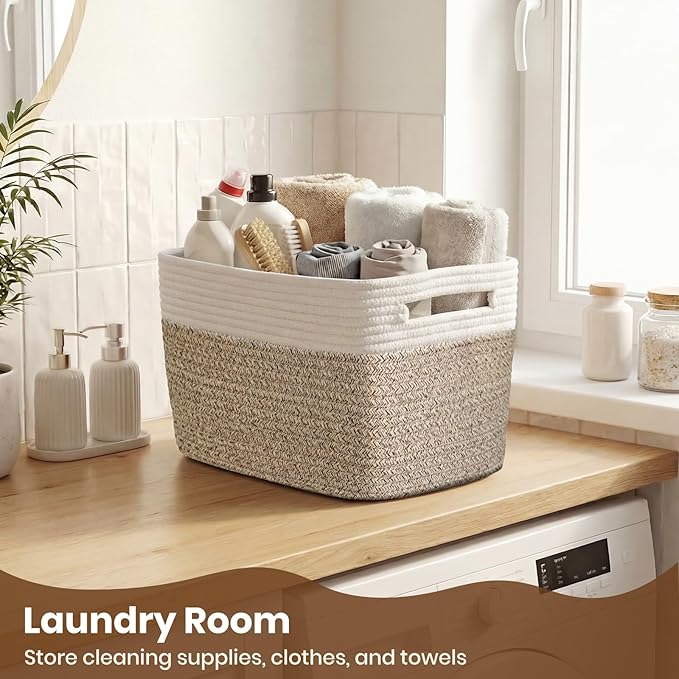 Storage Baskets for Organizing, 14 x 10 x 9” Closet Shelf Woven Baskets, Square Bins with Handles, Cotton Rope Basket for Toys, Clothes, Office, Room, White+Rice Brown 1 Pack