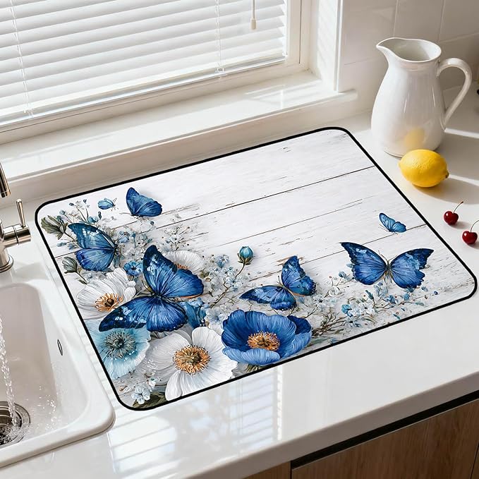 Glass Stove Top Covers for Electric Stove, Heat Resistant Counter Protector Mat, Non Slip Waterproof Surface Cover for Kitchen Counter and Cooktop (Blue Butterfly, 28"L x 20"W)