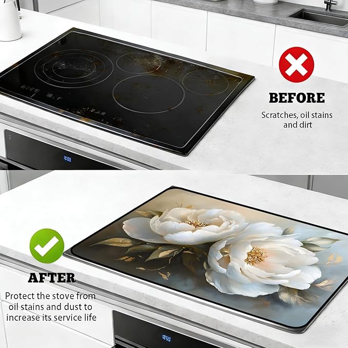 Glass Stove Top Covers for Electric Stove, Heat Resistant Counter Protector Mat, Non Slip Waterproof Surface Cover for Kitchen Counter and Cooktop (White Peony, 28"L x 20"W)