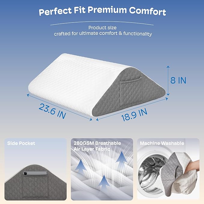 Wedge Pillow for Acid Reflux and Back Pain Relief, Snoring, Bed Wedge Pillow for Sleeping After Surgery. Triangle Pillow Wedge, Cooling Memory Foam Top