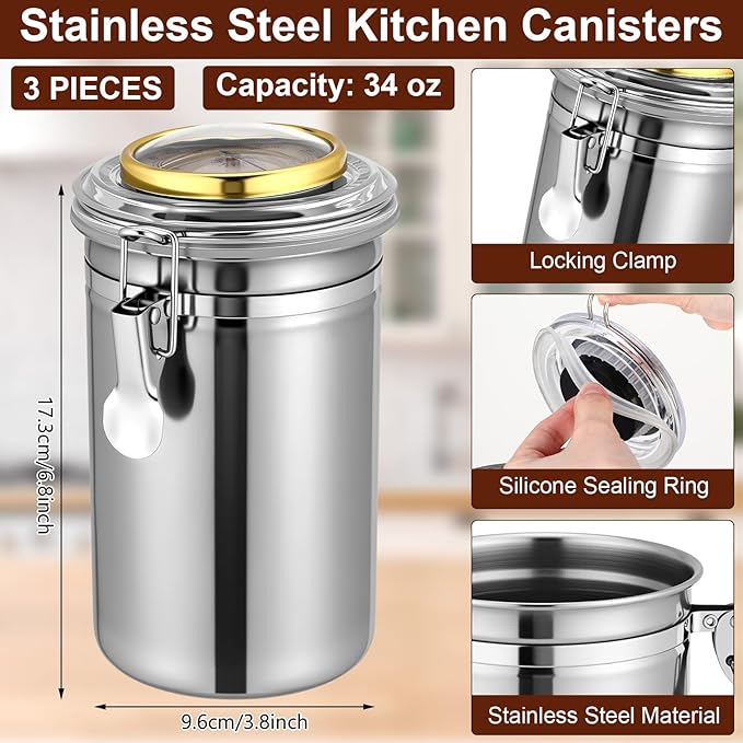 3 Pcs 34 oz Stainless Steel Container with Hygrometer & Humidifier Kitchen Food Storage Jar with Sealed Lid Airtight Coffee Canister for Coffee Bean, Tea, Candy, Snacks, Cereal Storage