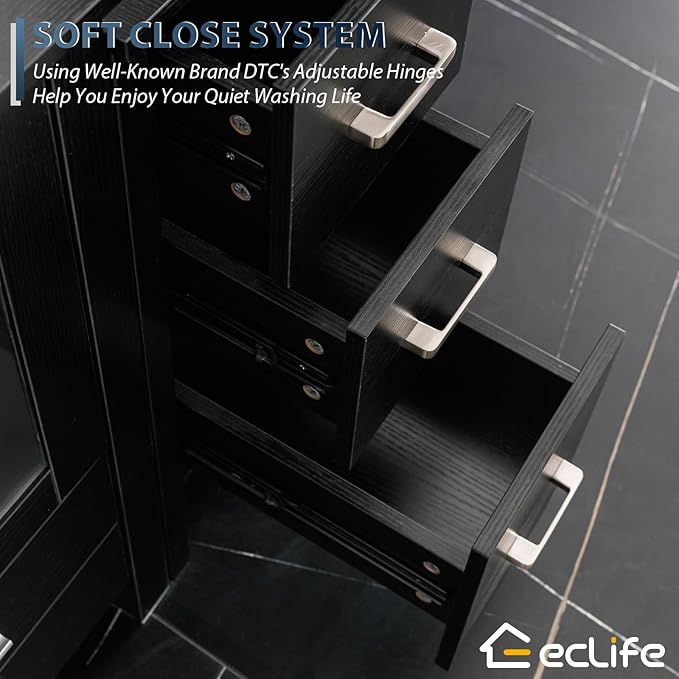 eclife 84" Modern Bathroom Vanity Sink Combo Freestanding Cabinet with Small Side Cabinet, White Rectangle Ceramic Vessel Sink, Water Save Faucet, Drain (Black+T03)