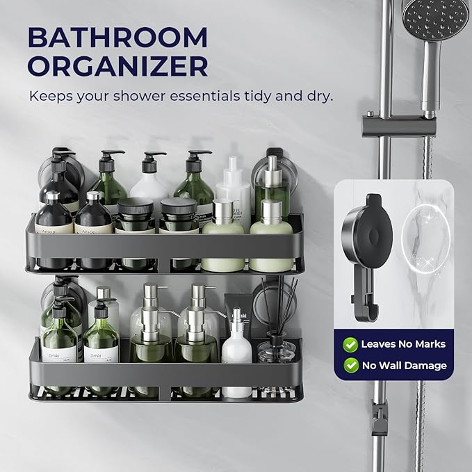 ONXE Shower Caddy Suction Cup,2 Pack Suction Shower Organizer,No Drilling Rustproof Shelves for Bathroom,Kitchen,Home Decor,Heavy Duty Bathroom Organizer with Large Capacity (11.8 inch-No bar)