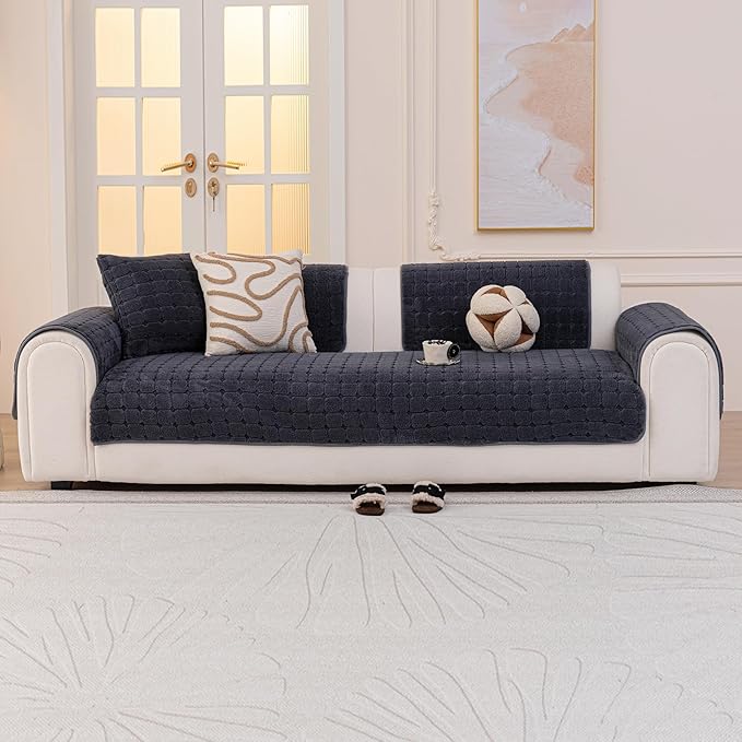 Velvet Sofa Covers Washable, Plush Warm Couch Cover for Single Seater Sofa, Funny Fuzzy Couch Covers for Pets&Kids, Non-Slip Sectional Sofa Cover(1PC, Dark Grey, 27.6"×27.6", Single Seater)