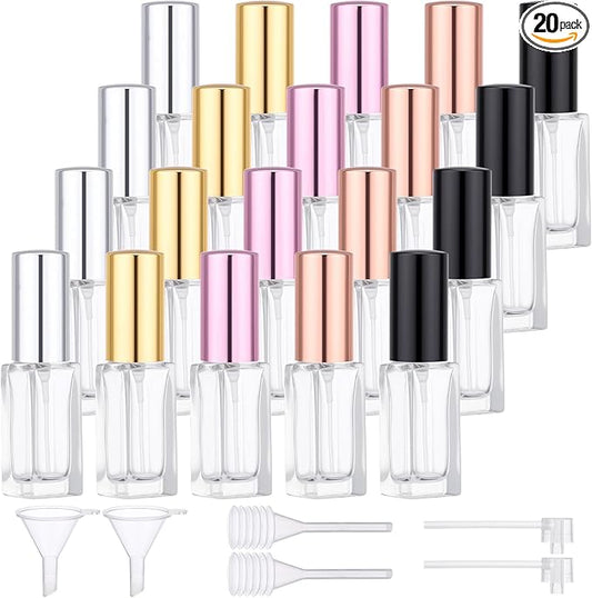 Segbeauty 20pcs 0.17oz Mini Spray Bottles Empty, Glass Perfume Bottles Refillable, 5ml Portable Travel Perfume Atomizer Fine Mist, Bulk Small Travel Cologne Sprayer Refill Bottle with Transfer Tool