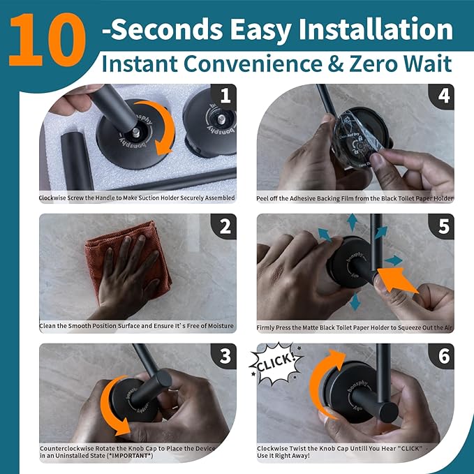 Bathroom Towel Holder | Toilet Paper Holder Wall Mount, 2-in-1, Adhesive Suction, Reusable - Towel Hanger | Black Toilet Paper Holder for Bathroom, Kitchen, RV - Install Easily, Instantly Use, 2 Pack