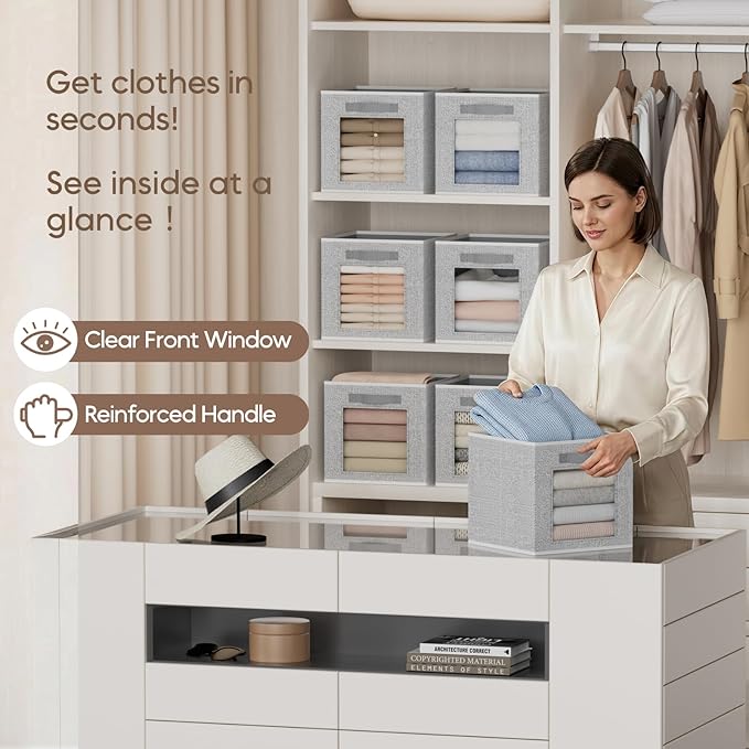 Linen Closet Organizers and Storage - 6 Pack Cube Storage Bins with Handle, Fabric Storage Bins for Shelves, 11 inch Bins for Organization, Cubes Organizer for Home, Blended