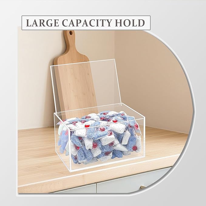 Bigfety Dishwasher Pod Holder Acrylic with Hinged Lid, Modern Style Dishwasher Cleaner Tablets Container Box for Detergent, Clear