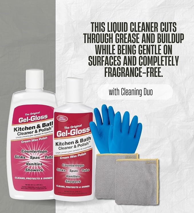 Household Cleaning Supplies by Gel-Gloss Kitchen and Bathroom Cleaner Liquid 16 fl oz. Bundle with Kitchen & Bath Cleaner & Polish 8 oz Cream + Cleaning Gloves + Microfiber Cloth – Gift Set (4 Items)