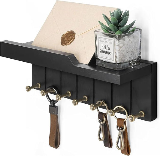 Rebee Vision Decorative Key Holder Wall Mount - Modern Key and Mail Holder for Wall with Shelf Organizer and 7 Sturdy Key Hooks for Apartment Essentials - Aesthetic Home Decor (Stylish Black)