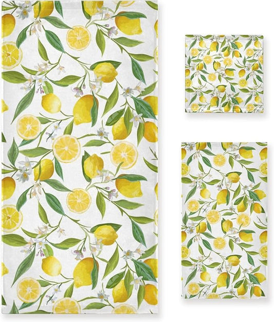 3 Piece Yellow Lemon Bath Towel Set,Microfiber Decorative Tropical Lemon Fruit Floral Green Leaf Farmhouse Bathroom Towels,1 Bath Towel 1 Hand Towel for Bathroom Kitchen,1 Washcloth for Face