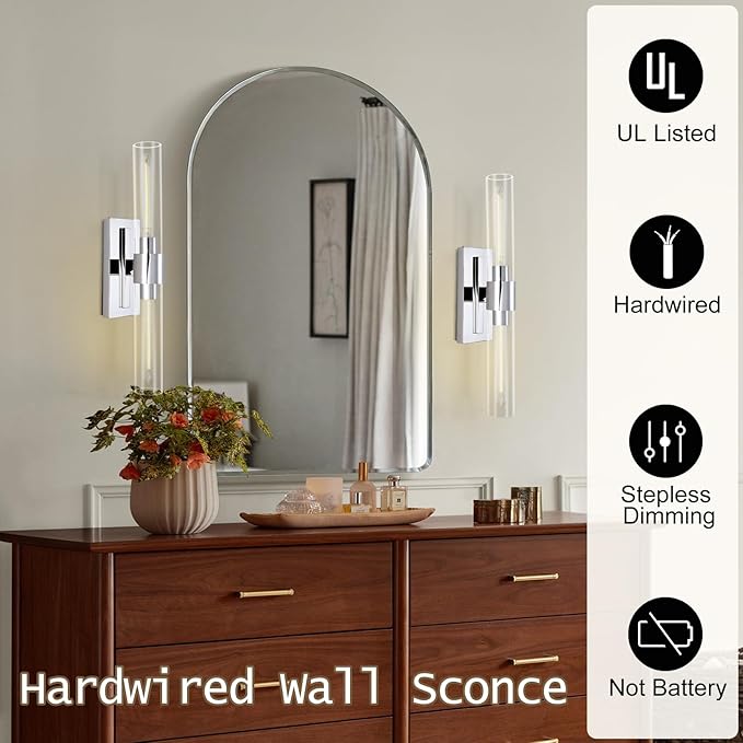 Chrome Wall Sconces, 22.8" Bathroom Sconces, Indoor Sconces Wall Lighting Up and Down, Nickel Wall Sconce Set of Two Dimmable, Vanity Lights for Bathroom with Tube, Glass Sconce for Bedroom, Staircase