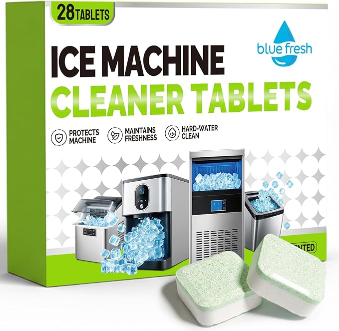 blue fresh Ice Machine Cleaner Tablets for Hard Water - 28 Pack Nickel Safe Scale Removal for Countertop Portable Commercial Nugget Ice Makers, Compatible with Opal, GE Profile, Frigidaire