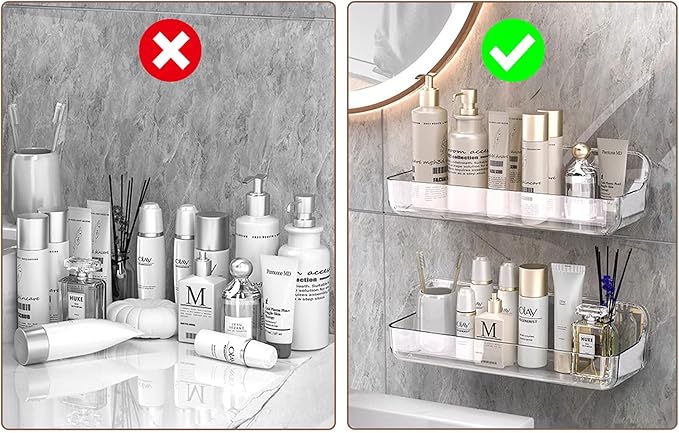 No-Drill Acrylic Shower Caddy – Wall Mounted Bathroom Shelf with Drain Holes, Strong Adhesive, Large Capacity for Shower, Kitchen, RV – Sandra Series