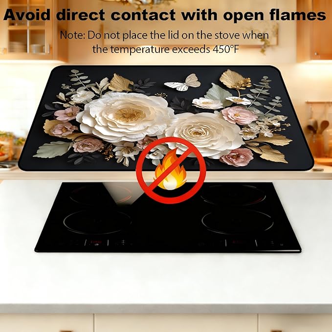 Glass Stove Top Covers for Electric Stove, Heat Resistant Counter Protector Mat, Non Slip Waterproof Surface Cover for Kitchen Counter and Cooktop (Floral Black, 28"L x 20"W)