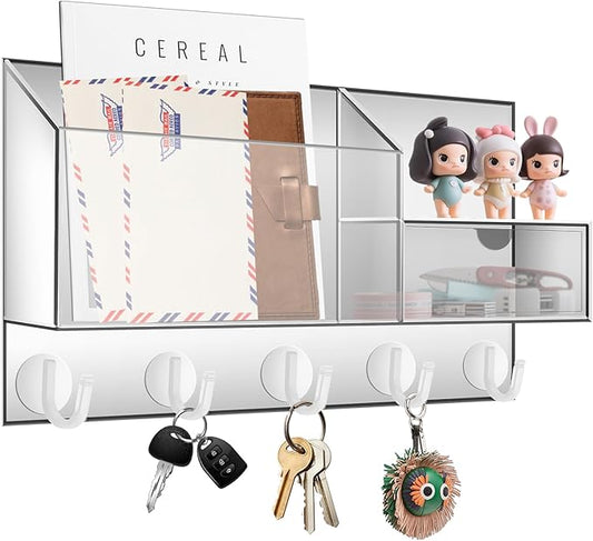 Acrylic Key Holder Wall Mount Mail Organizer for Wall with Shelf Storage Drawer and 5 Hooks, Clear