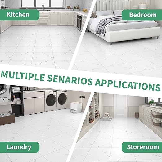 40 Pack Cover 40 Sq.Ft Peel and Stick Floor Tiles, 12” x 12” Self Adhesive Vinyl Flooring Easy DIY Installation for Kitchen, Living Room, Laundry, RV, Matte White Vein Marble