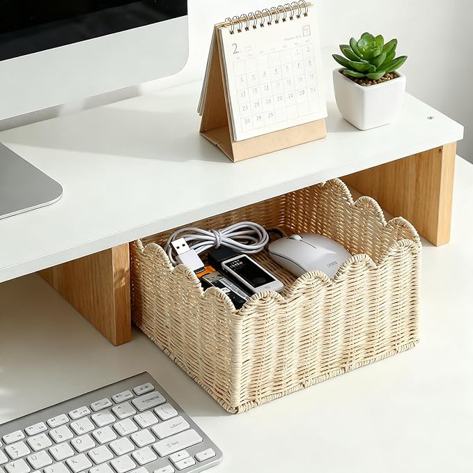 Scalloped Edge Basket, Wicker Storage Baskets, Hand Woven Baskets for Shelves,Natural Baskets for Organizing (Rattan(S-9.5" L x 9.5" W x 5.6" H))
