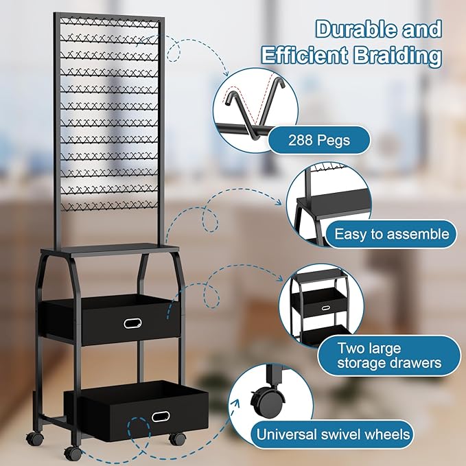 Portable Braiding Hair Rack with Wheels & Storage Drawers,2-Sided 288 Pegs,Hair Extension Holder Hanger for Braiding Hair Separator Stand Display,Hair Rack with Stylist Hair braiding Tools (Black)