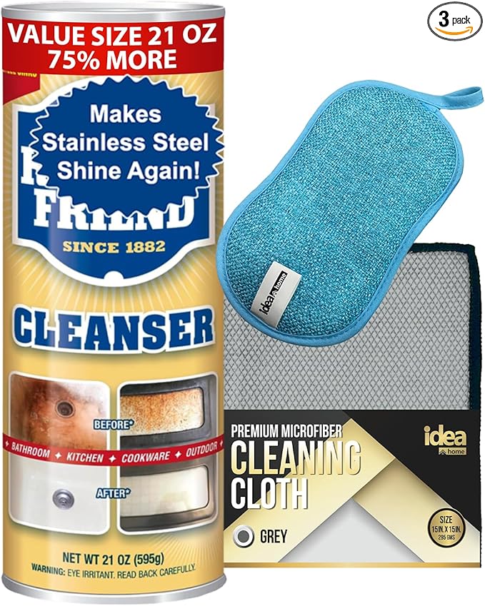 Idea Home Cleanser and Polish Powder 21 oz Multipurpose Cleaner, Rust Stain Remover Microfiber Cleaning Cloth 15x15in + Multi-Purpose Non-Scratch Microfiber Sponge