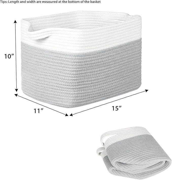 Kntiwiwo Storage Baskets for Organizing 14.7”x11”x9.6” Rope Storage Baskets for Shelves with Handles, Decorative Closet Baskets & Bins, Large Woven Baskets for Storage, White & Grey