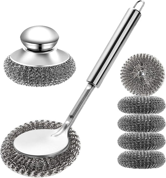 Steel Wool Scrubber with Handle, Cast Iron Scrubber, Stainless Steel Scrubber, with 5 Refills and Long Handle Stainless Pot Brush, Remove Dirt, for Cleaning Stoves, Sinks, Dishes, Grills, Bowls