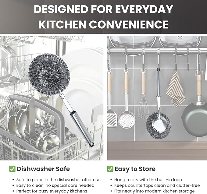 Long Handle Steel Wool Scrubber, Stainless Steel Pot & Pan Scrubber with Replaceable Scouring Ball, Heavy Duty Cast Iron Cleaner for Skillets, Griddles & Cookware (Silver / 2 Pack)