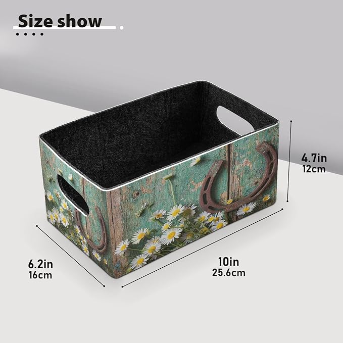 Kcldeci Rustic Rusty Horseshoe and Daisies on Old Wooden Storage Bins Baskets for Organizing, Sturdy Foldable Storage Baskets for Shelves Closet Nursery Toy