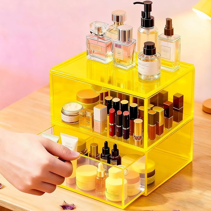 Acrylic Desk Organizer with Drawers Stackable Makeup Organizer for Vanity Office Countertop Cosmetic Display Cases Makeup Storage Box, Neon Yellow