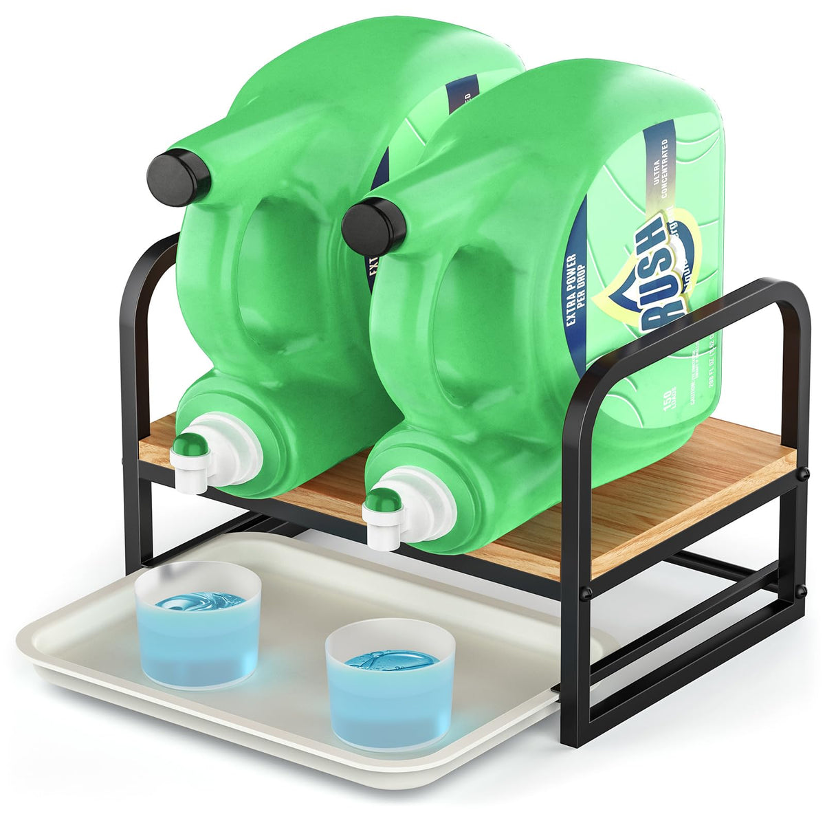 Laundry Detergent Holder Stand with Drip Tray, Black Frame - Image 1