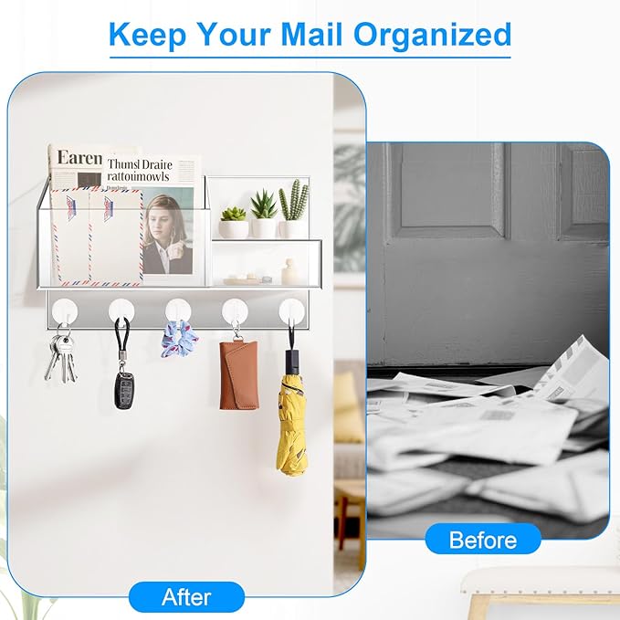 Acrylic Key Holder Wall Mount Mail Organizer for Wall with Shelf Storage Drawer and 5 Hooks, Clear