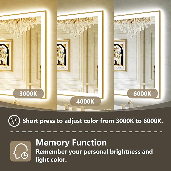 66x40 Inch LED Bathroom Mirror with Lights (Front Lit and Backlit) Gold Framed Lighted Vanity Mirror for Bathroom Wall Dimmable Anti-Fog Memory Tempered Glass Horizontal/Vertical