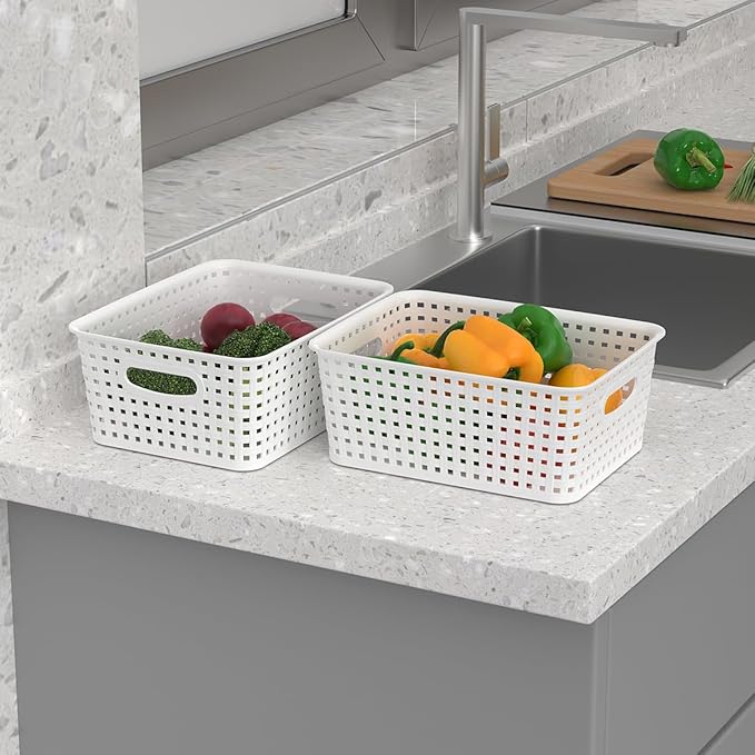9-Packs Plastic Storage Woven Storage Baskets, Plastic Baskets with Handles, Baskets for Home and Office Organizing, White.