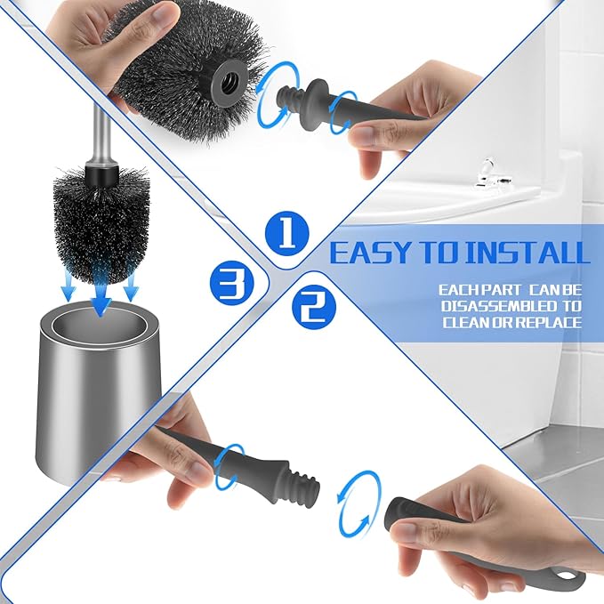 Toilet Brush and Holder 2 Pack with Long Handle - Non-Slip Grip Toilet Bowl Brush Set for Deep Cleaning Bathroom, Toilet Scrubber- Gray