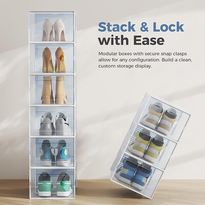 DUMOS 12-Pack Shoe Storage Boxes, Clear Shoe Containers with Lids, Stackable Sneaker Case Organizer for Closet, Under Bed, Entryway,White (Fit Size 9)