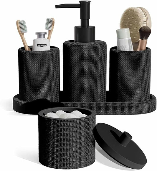 Clara Clark Bathroom Set - Black Bathroom Accessories Set, 5PC Bathroom Accessory Set, Bathroom Sets with Soap Dispenser, Toothbrush Holder, Tumbler, Cotton Swab Jar & Vanity Tray