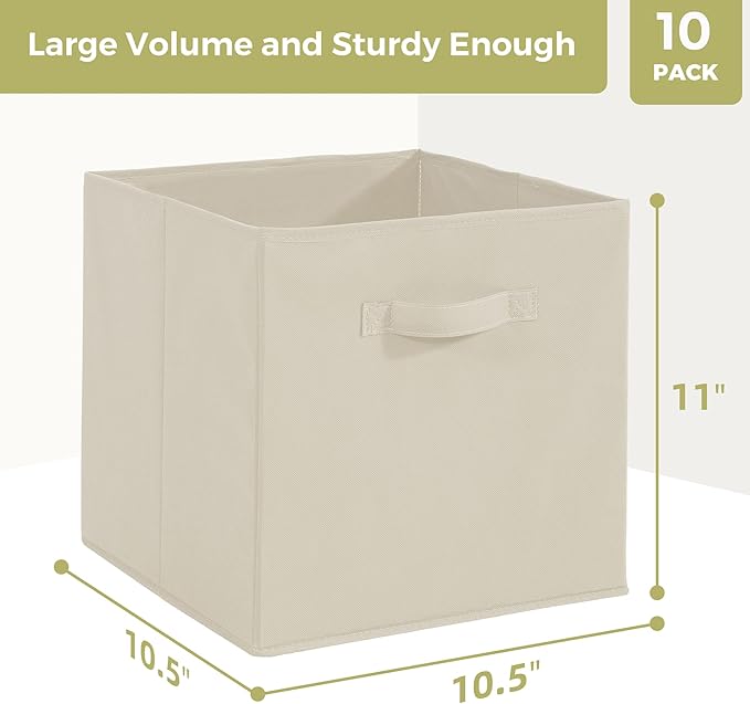 Storage Cubes, 11 Inch Cube Storage Bins, Set of 10, Fabric Foldable Storage Bins With Handles, Closet Storage Organizer Bins, Cubby Clothing Storage Baskets for Shelves, Beige